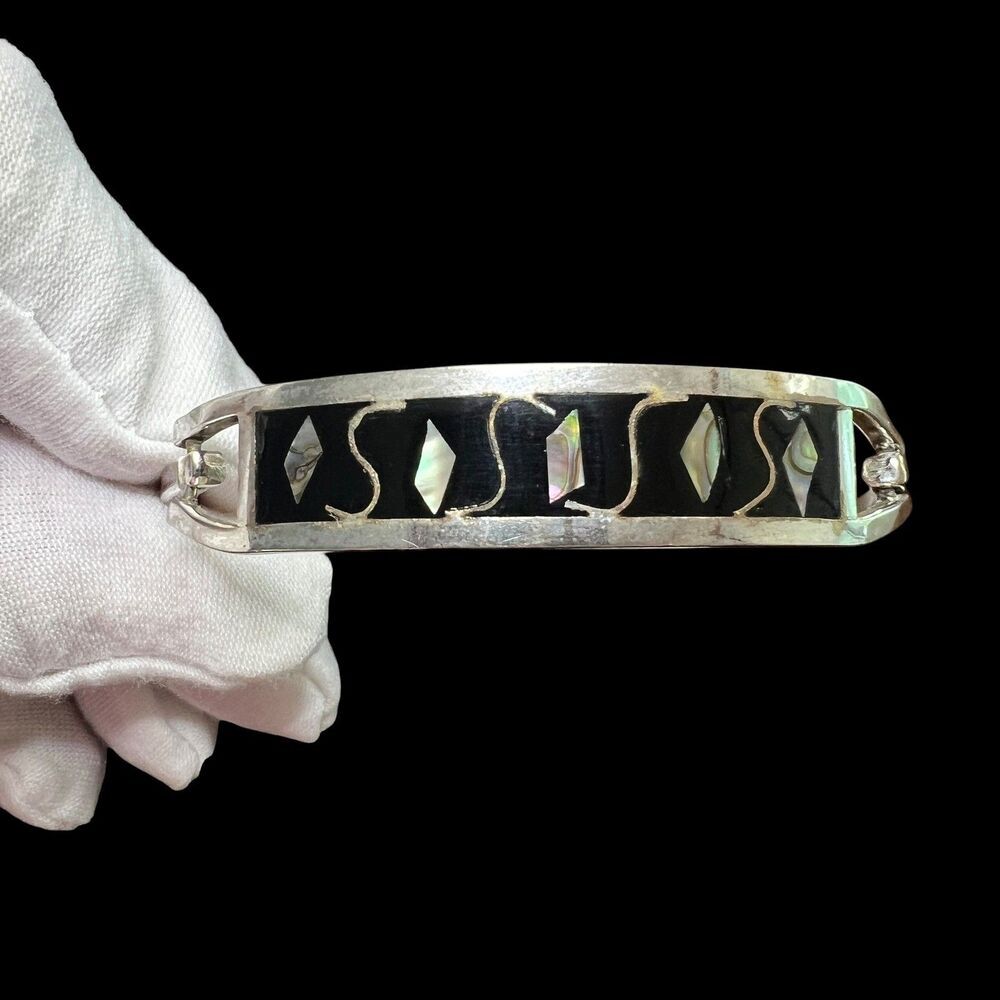 Vintage Alpaca Mexico Abalone Onyx Bangle Bracelet Silver Tone 7.5 in Artisan
